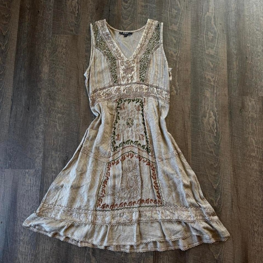 Vintage Boho Embroidered Mini Dress Earth Tone Cottagecore Festival Dress